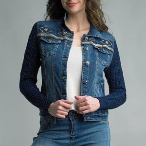 NWT Tempo Paris Denim Jacket With Cobalt Sparkle Cable Knit Sleeve
